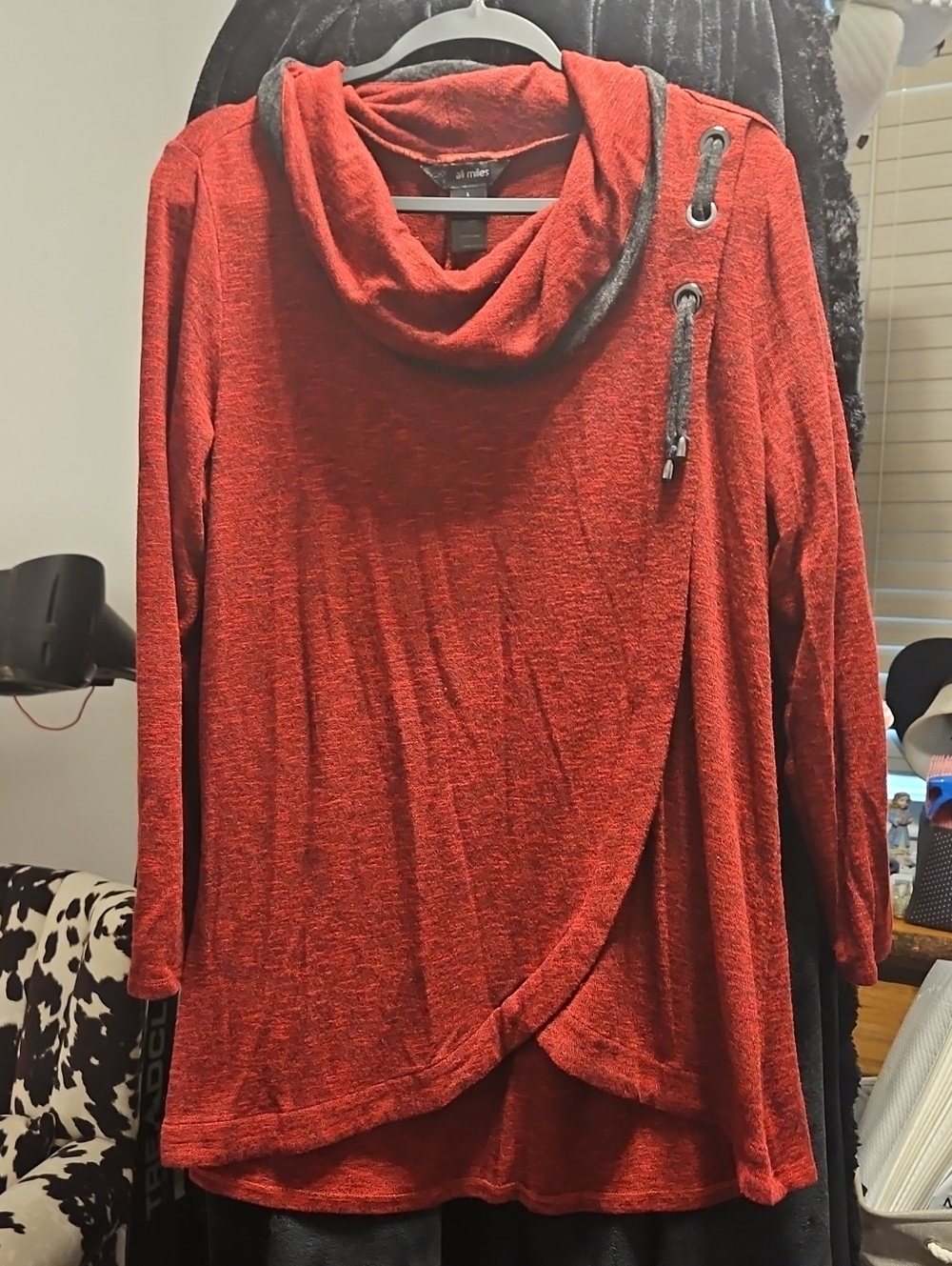 Ali Miles Red Cowl Neck Drawstring Overlap Sweater